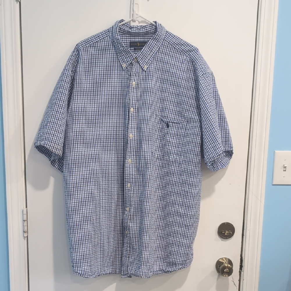 Ralph Lauren Seersucker Blue/White Men's Short Sleeve Pocket Button Down 3XB